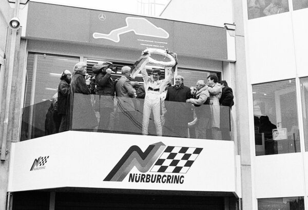 Opening race of the Grand Prix circuit at the Nürburgring, 12 May 1984 with 20 top racing drivers in 20 identical, then new Mercedes-Benz 190 E 2.3-16 (W 201) models. Ayrton Senna da Silva (Brazil) wins.