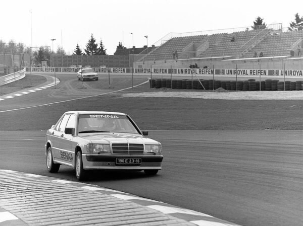 Opening race of the Grand Prix circuit at the Nürburgring, 12 May 1984 with 20 top racing drivers in 20 identical, then new Mercedes-Benz 190 E 2.3-16 (W 201) models. Ayrton Senna da Silva (Brazil) wins.