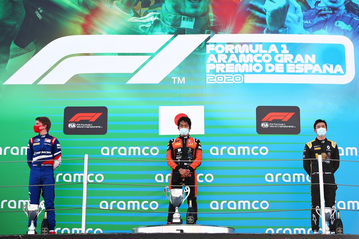 Barcelone FIA F2 Race 1 podium Shwartzman, Matsushita and Zhou 