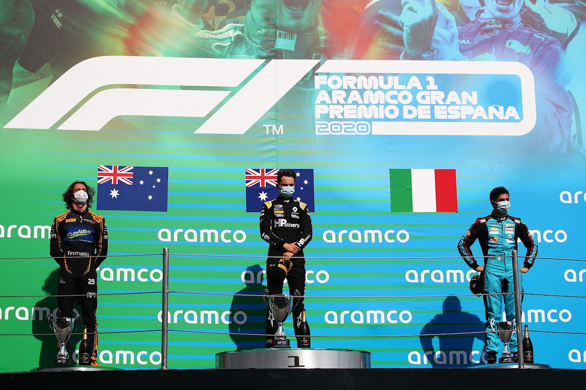 Barcelone FIA F3 Race 2 podium Peroni, Piastri and Nannini 