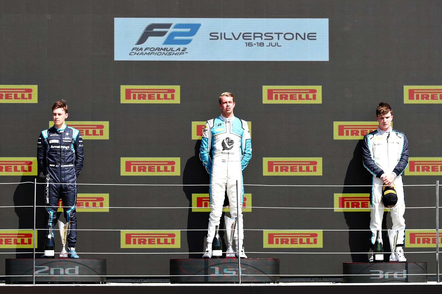 Richard Verschoor, Marcus Armstrong, Dan Ticktum (C) Formula Motorsport Limited FIA F2 Silverstone race 2 2021 podium