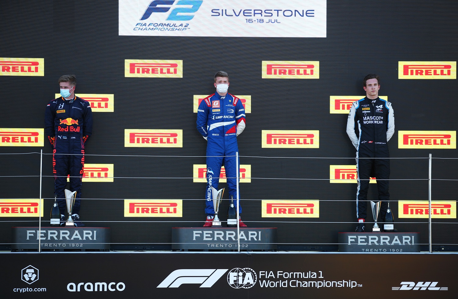Robert Shwartzman, Juri Vips and Christian Lundgaard (C) Formula Motorsport Limited FIA F2 Silverstone 2021 Race 1 podium
