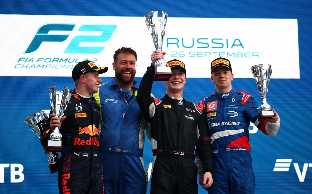 Dan Ticktum, Juri Vips & Robert Shwartzman (C) Formula Motorsport Limited Sotchi FIA F2 2021 Race 1 podium