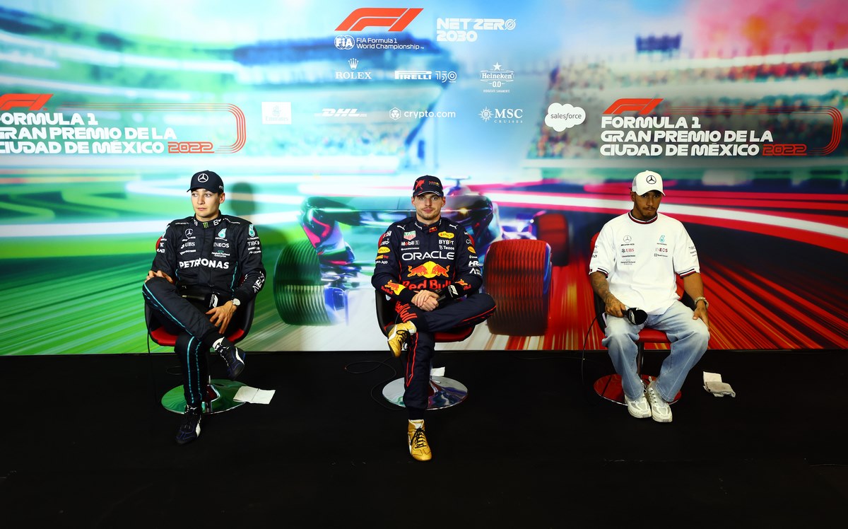 Drivers' conference with Russell, Verstappen and Hamilton at the 2022 Mexico GP