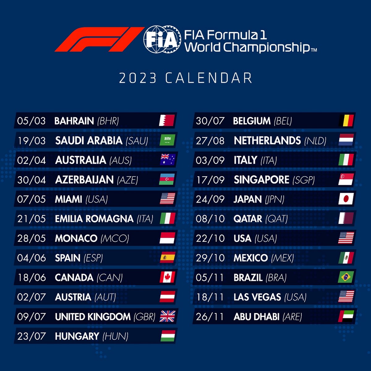 Calendrier F1 de 2023 mis à jour