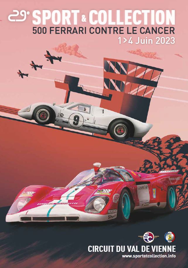 Affiche de la 29è édition du Sport et Collection avec une voiture blanche et rouge, la tour de contrôle du circuit du Val de Vienne et 3 avions dans le ciel à vive allure