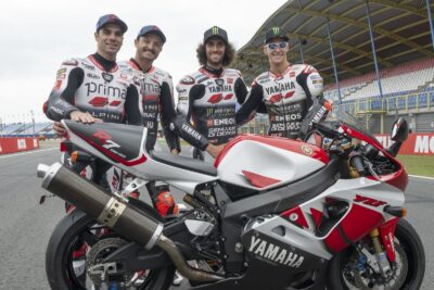 Miguel Oliveira Jack Miller Alex Rins et Fabio Quartararo devant la Yamaha 70 ans