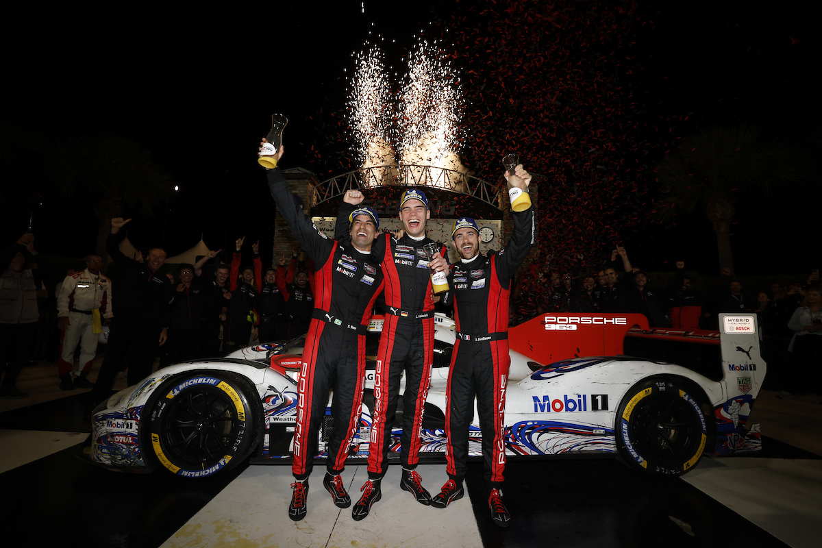 12H Sebring 2026 Special livrery #7: Porsche Penske Motorsport, Porsche 963, GTP: Felipe Nasr, Julien Andlauer, Laurin Heinrich celebrate in victory lane