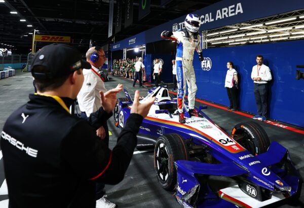 Pascal Wehrlein of Germany and Porsche Formula E Team celebrates in parc ferme during the London E-Prix, Round 17 of the 2026 FIA Formula E World Championship at ExCel London on August 16, 2026 in London, England.